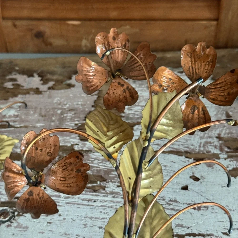 Vintage Mixed Metal Copper Brass Floral Wall Art Set Dogwood Flowers MCM 2pc